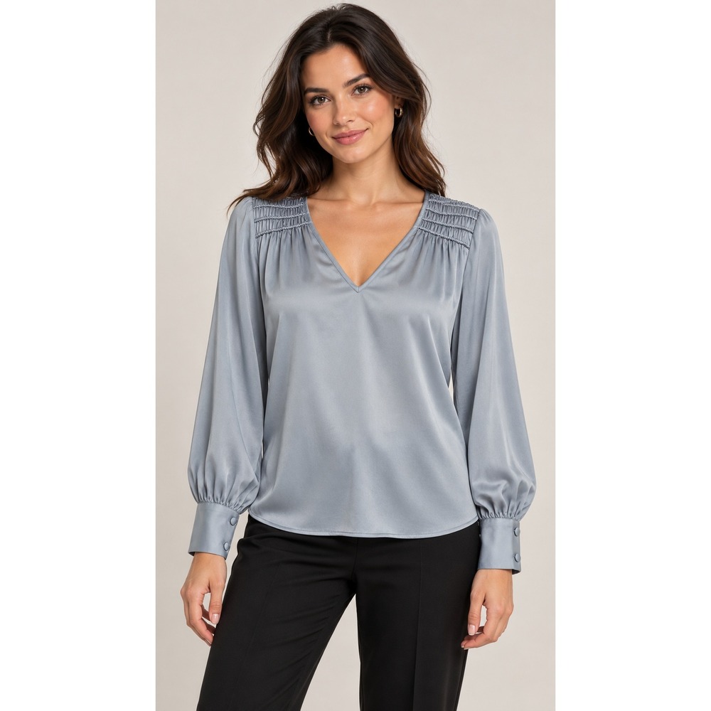 White House Black Market Blouse XS Blue Satin Smocked V-Neck Officecore Chic